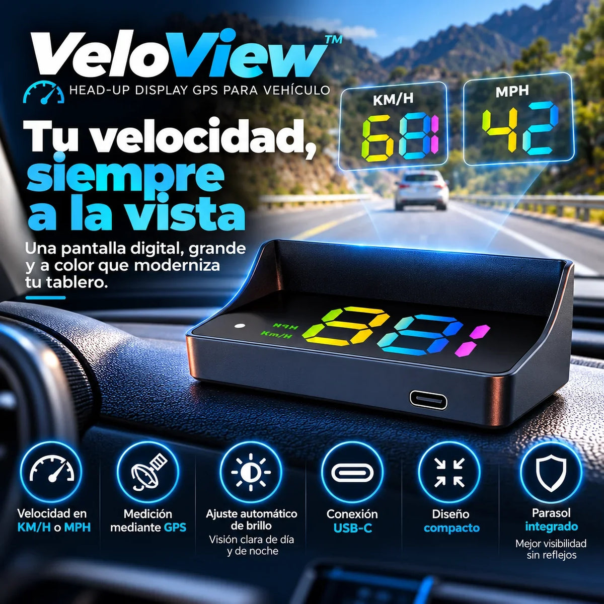 Velocímetro GPS VeloView de SportFree con pantalla HUD digital a color instalada en el tablero de un carro.