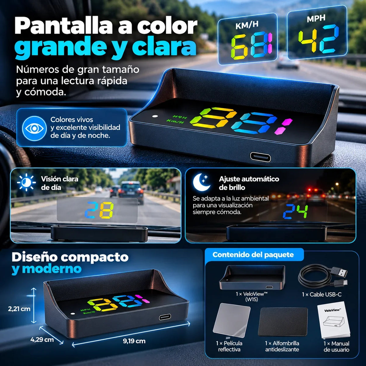 Velocímetro GPS VeloView™ de SportFree con pantalla HUD a color, dimensiones y contenido del paquete.