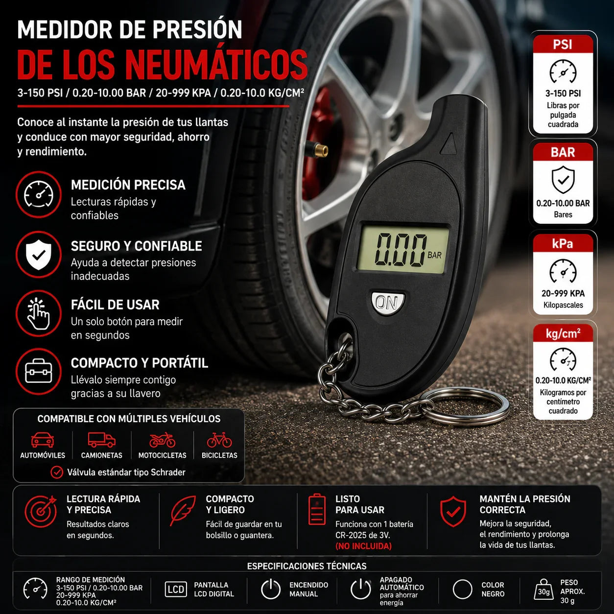TireGuard™ Medidor Digital de Presión